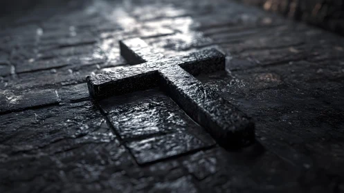 Weathered stone cross lying on wet cobblestone in dramatic light.