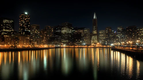 City skyline shows illuminated waterfront towers at night