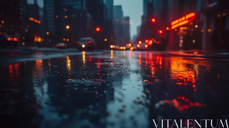 Wet city street surface reflects blurred night traffic lights