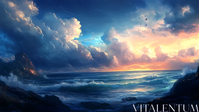 Stormlit ocean horizon under blazing sunset sky.