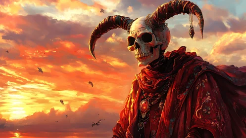 Horned skeletal monarch in crimson robes at sunset sky.