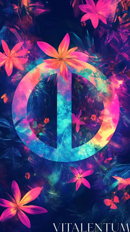 Vibrant circular symbol surrounded by neon tropical flowers.