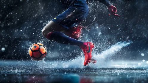 Hydrodynamic soccer sprint with rain-swept motion capture focus.