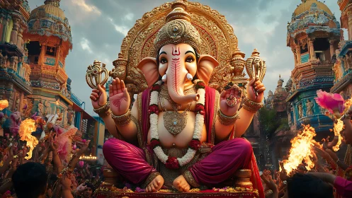 Large Ganesh idol in ornate temple festival setting.
