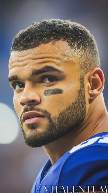 Portrait shows football player in uniform looking sideways