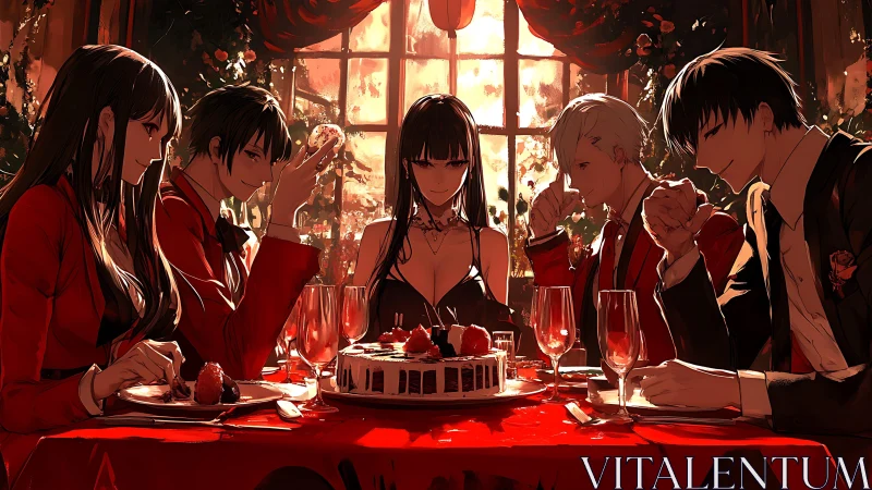 Elegant anime group at red-lit dessert dinner table.