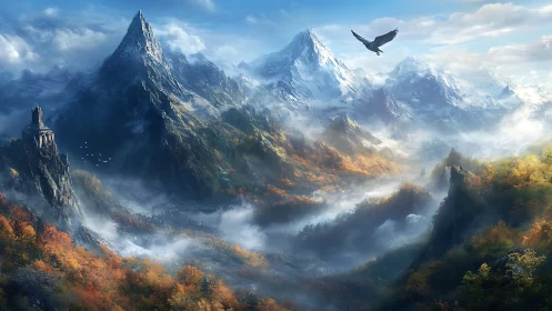 Snow peaks above misty valley with tower and flying eagle.