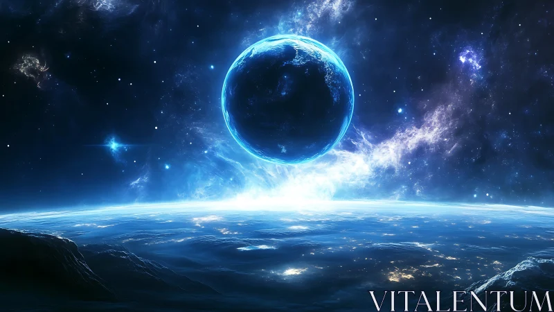 Glowing blue planet rising above illuminated alien horizon.