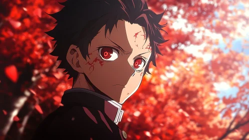 Injured anime student in red autumn forest background scene.