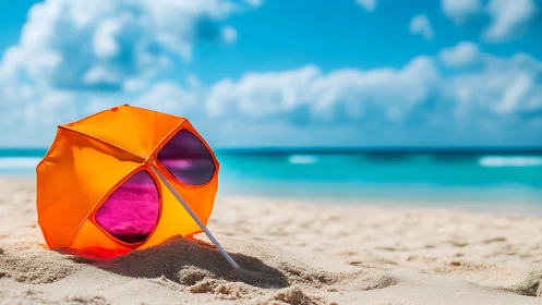 Sunny orange beach umbrella resting by calm turquoise sea.