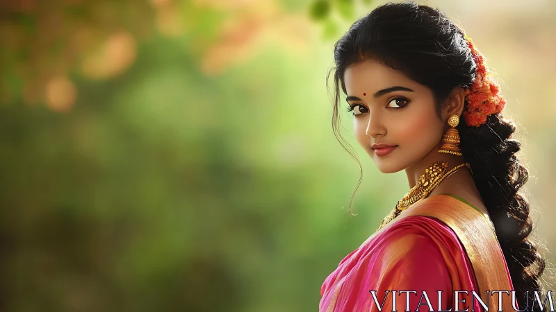 Woman in traditional Indian attire against soft green bokeh.