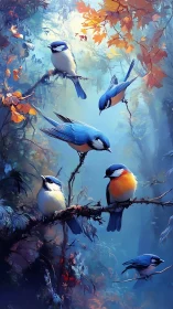 Gentle blue songbirds resting in a dreamy autumn forest.