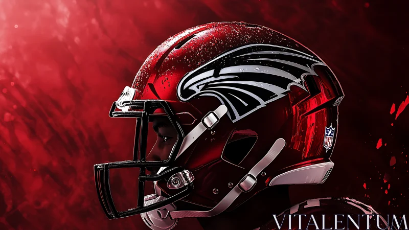Crimson football helmet glows with bold falcon emblem.