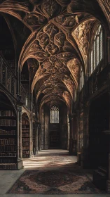 Whispering cathedral library beneath a sculpted twilight ceiling.