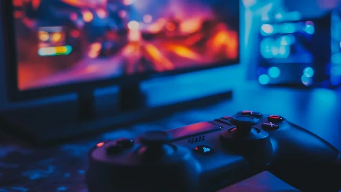 Game controller close-up under neon gaming setup glow.
