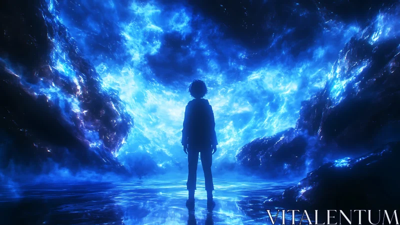 Silhouetted figure before luminous blue cosmic portal scene.