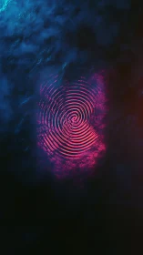 Neon fingerprint vortex glows beneath a digital midnight sea.