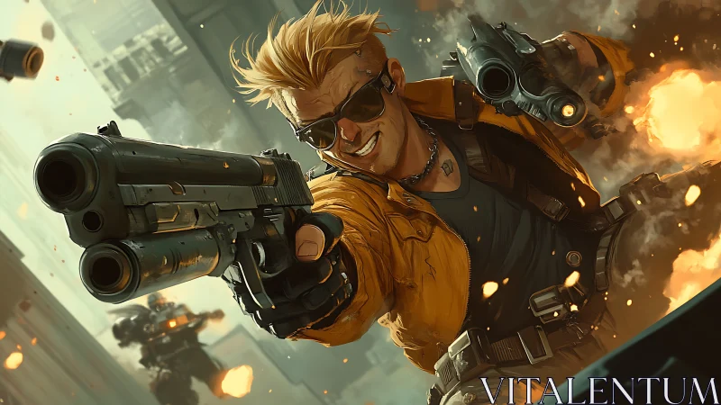 Reckless gunfighter in blazing urban firefight scene.