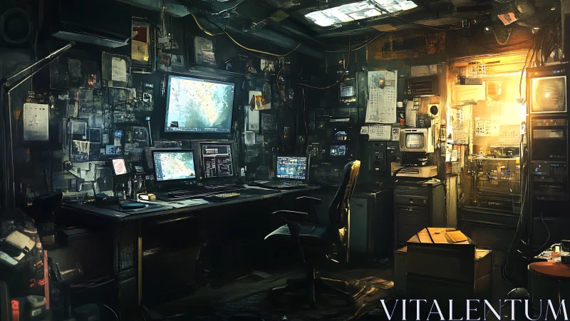 Cyberpunk command bunker with multi-monitor hacking setup.