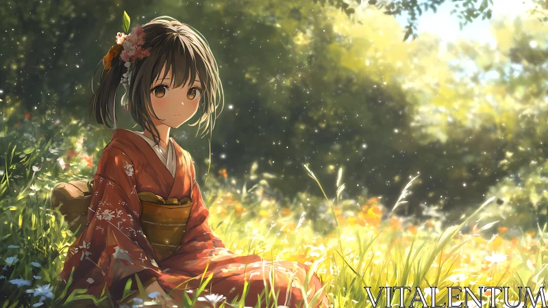 Sunlit anime girl in kimono amid volumetric meadow glow.