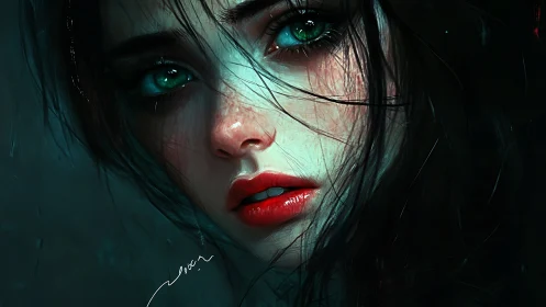 Close digital portrait of young woman with teal lighting.