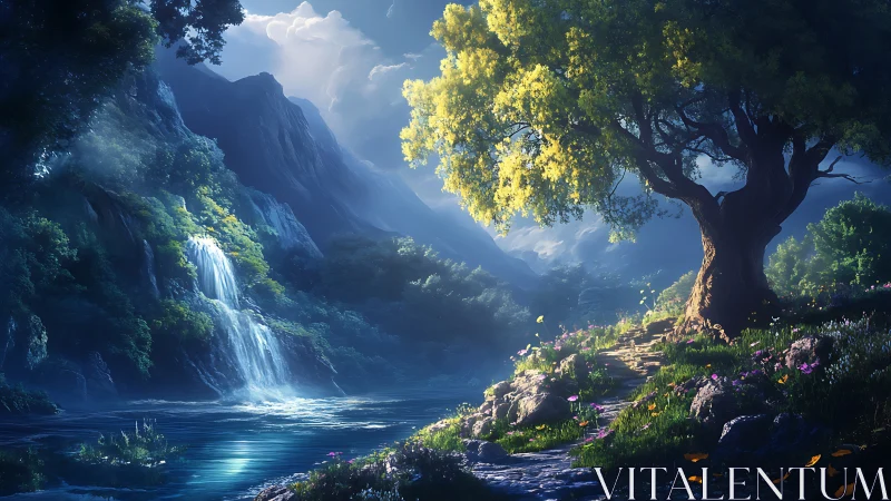 Sunlit forest path welcomes you beside a serene waterfall
