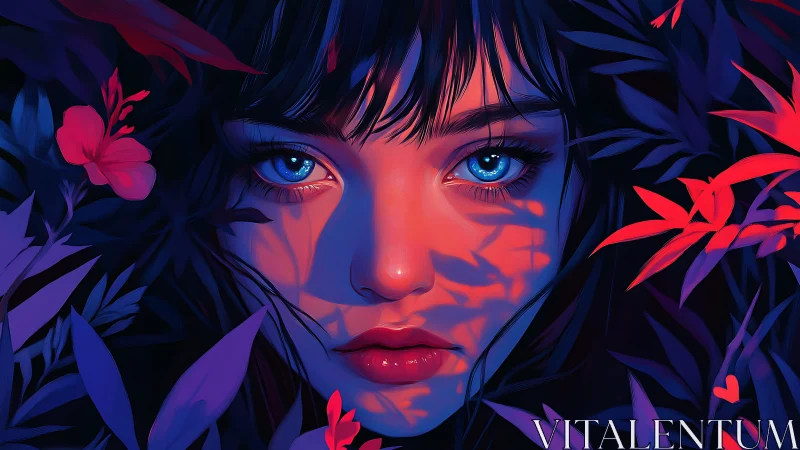 Neon-lit portrait of blue-eyed girl framed by violet foliage.
