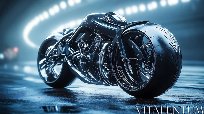 Futuristic chrome motorcycle in wet tunnel environment.