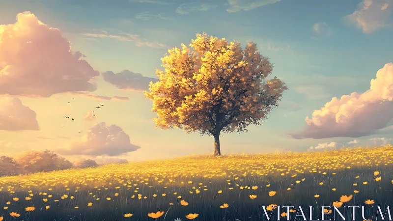 Digital sunset meadow with solitary flowering tree composition.
