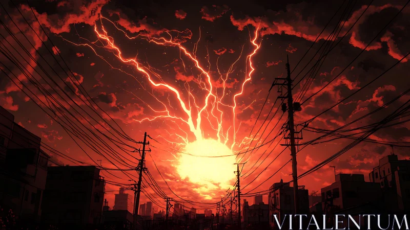 Electrified sunset singularity over dense urban power grid.