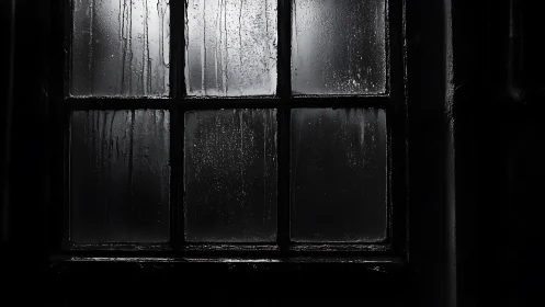 Wet multi-pane window shows streaked condensation in darkness