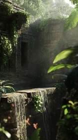 Sunlit jungle ruin terrace channels water over mossed ledge