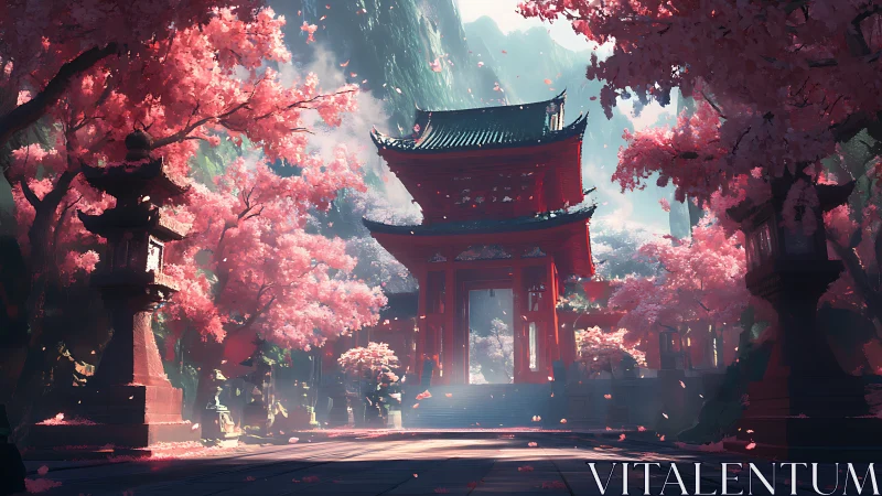 Sunlit vermilion temple gate amid dense cherry blossom grove