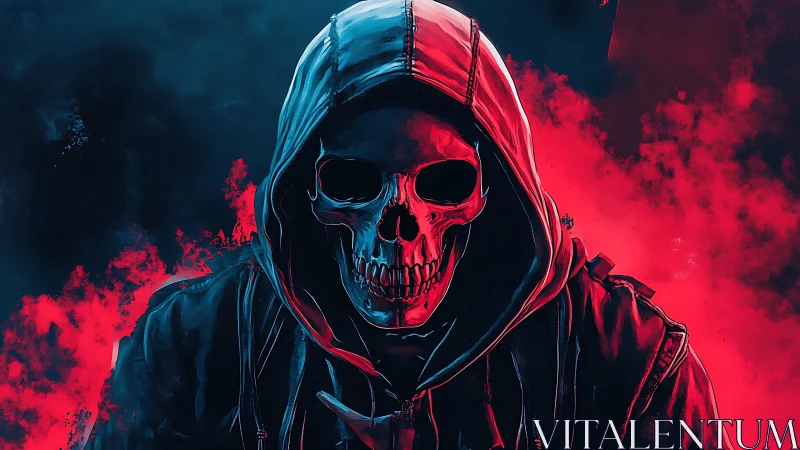 Hooded skeletal figure rendered in high contrast neon red lighting
