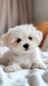 High-key portrait of white puppy with shallow depth-of-field rendering