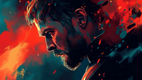 Storm-lit portrait of a pensive man in swirling color chaos.