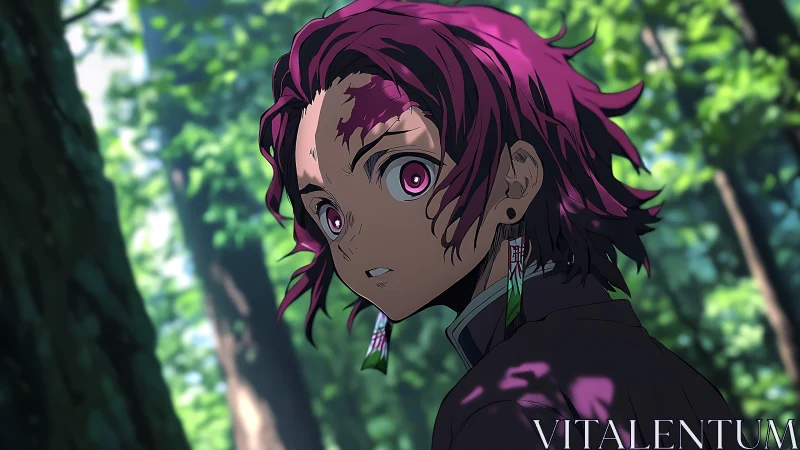 Anime hero glances back in a sunlit, whispering forest