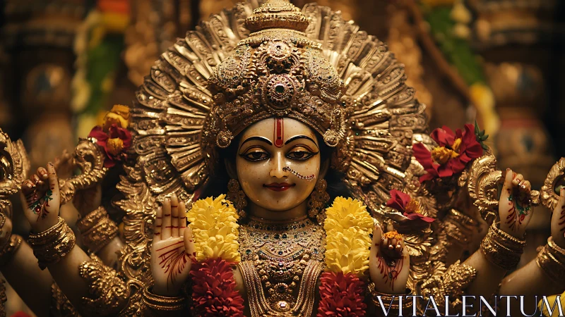 Golden goddess statue glowing with flowers and gentle grace.