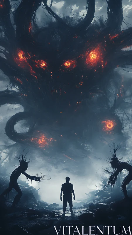 Lone figure confronting vast fiery-eyed shadow entity.