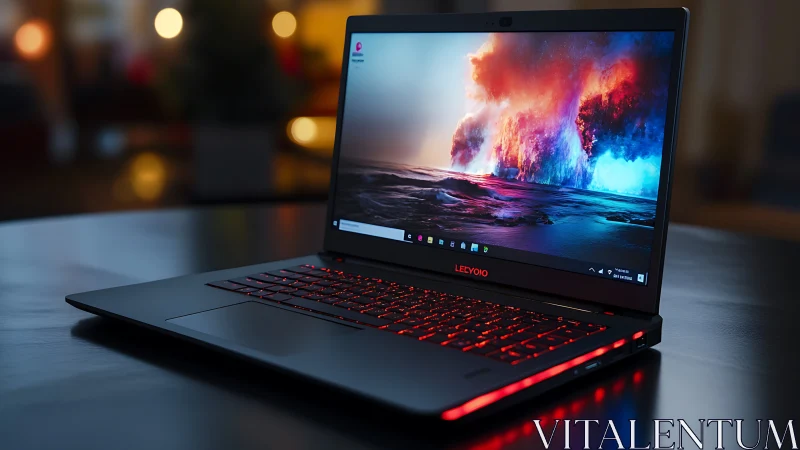 Sleek gaming laptop with vivid display and red backlight.