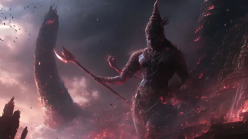 Mythic warrior figure in fiery landscape with weapon raised.