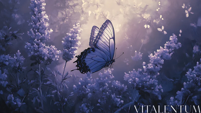 Blue butterfly in soft purple flower field at dusk.