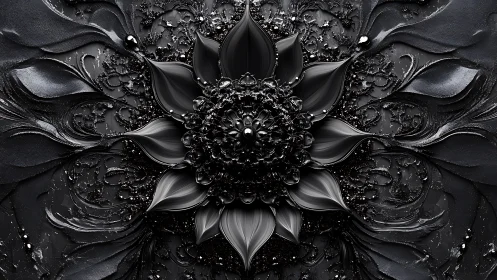 Radially symmetric black liquid blossom with sculpted relief detailing.