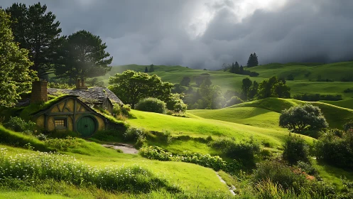 Sunlit hill home dreams quietly beneath storm-kissed skies