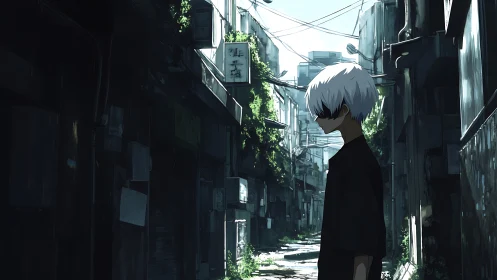 Quiet anime boy wanders a sunlit overgrown city alley