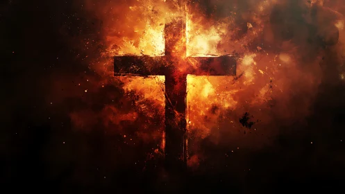 Fiery cross emerges through dark smoke in dramatic contrast