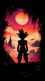 Crimson moon warrior silhouetted against burning skies.