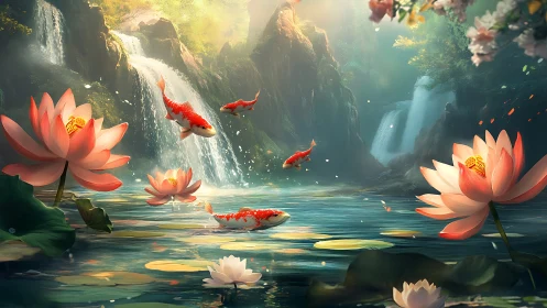 Dreamy koi lagoon beneath soft waterfalls and lotus blooms.