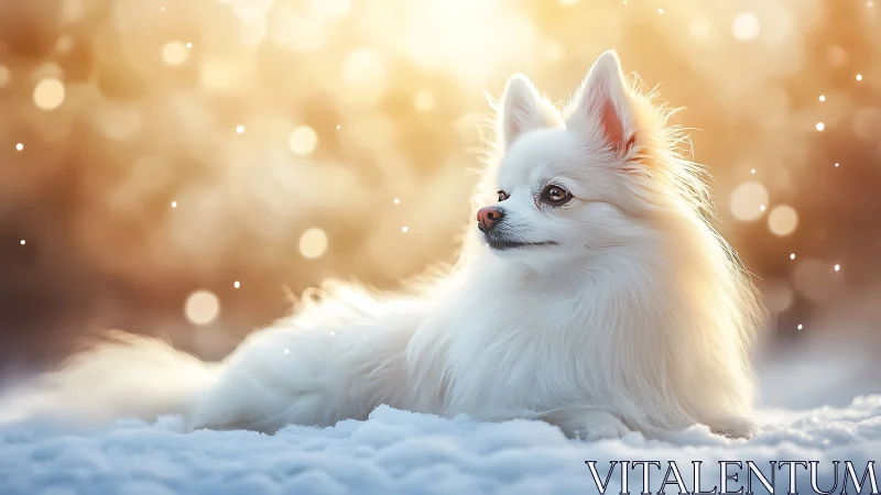 Snowlit white spitz in shallow-depth bokeh field.