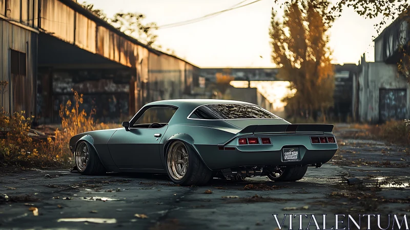 Low-slung muscle car broods in a sunlit urban wasteland.